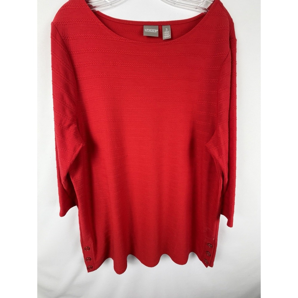Chicos Red Ribbed Tunic Sweater Sz 3/XL Button Hem 3/4 Sleeve Laganlook Classic